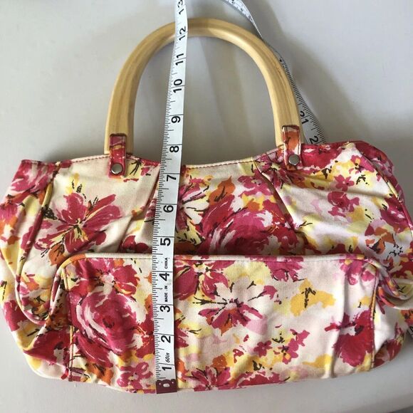 Old Navy Hobo Purse Canvas Floral Handbag Summer Wood Handle Floral Cottage - Picture 11 of 11